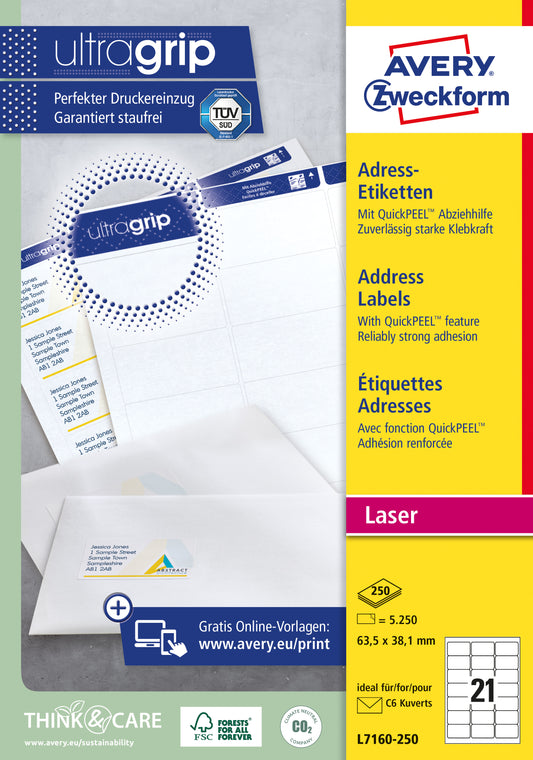 Avery L7160-250 Wit Etiket 63.5x38.1mm, 5250 Stuks