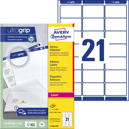 Avery L7160-250 Wit Etiket 63.5x38.1mm, 5250 Stuks - 2