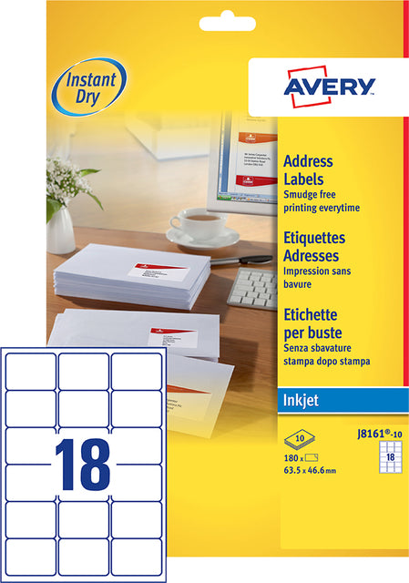 Avery J8161-10 Sneldrogende inkjet etiketten 63.5x46.6mm 180 stuks