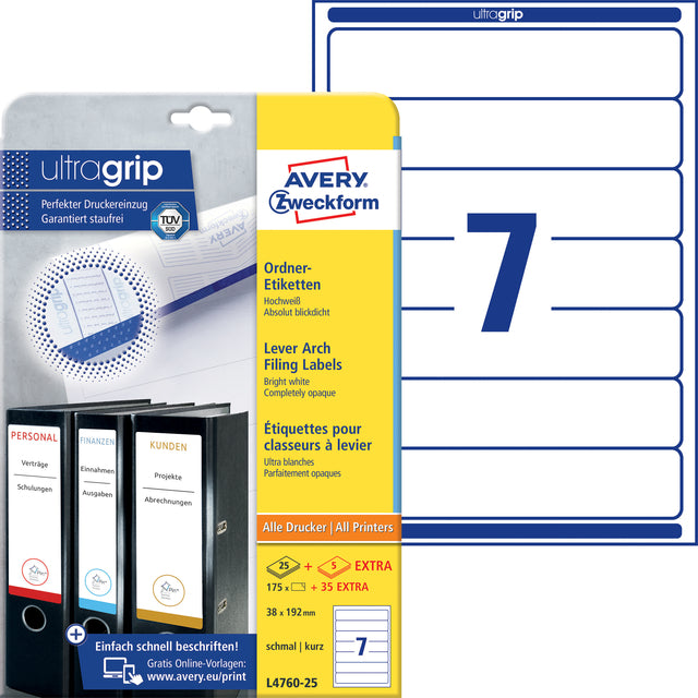 Avery Zelfklevende Smalle Rugetiket, 38x192mm, Wit, hergebruik - 2