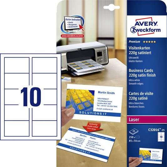 Avery C32016-25 visitekaartjes 85x54mm 220 g/m², 250 stuks