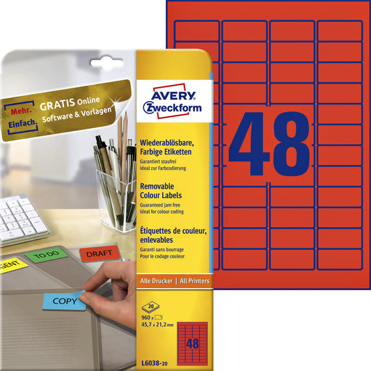 Avery L6038-20 Rood 45.7x21.2mm, 960 Stuks