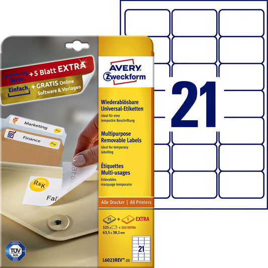 Avery L6023REV-25 etiketten 63,5x38,1mm, verwijderbaar, 525 stuks