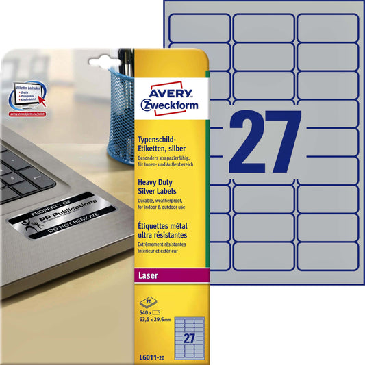 Avery L6011-20 Zilveren Polyester Etiketten 63,5x29,6mm, 540 Stuks