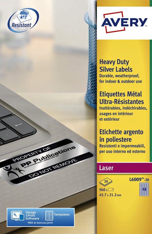 Avery L6009-20 etiketten 45.7x21.2mm zilver, 960 stuks