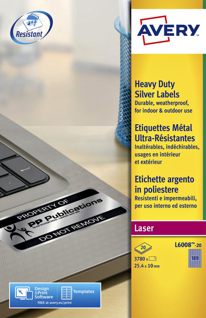 Etiket Avery L6008-20 25.4x10mm zilver voor premium markering - 2