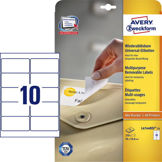 Avery L4744REV Wit 96x50.8mm etiketten, 250 stuks