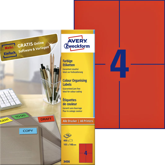 Avery Etiket 3456 105 x 148 mm Rood 400 stuks