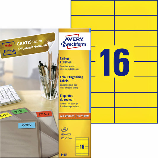 Avery Gele Kleuretiketten 105x37mm, 1600st, geschikt voor inkjet en laser
