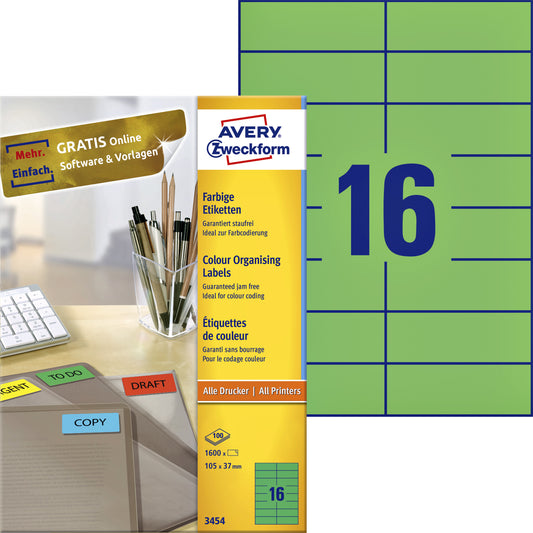 Avery 3454 Groene 105x37mm etiketten, 1600 stuks