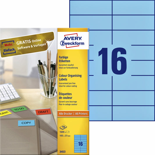 Avery Etiket 3453 105 x 37 mm Blauw 1600 stuks