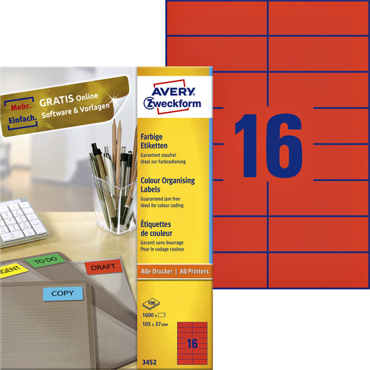 Avery AZ 3452 Rood 105x37mm, 1600 Stuks