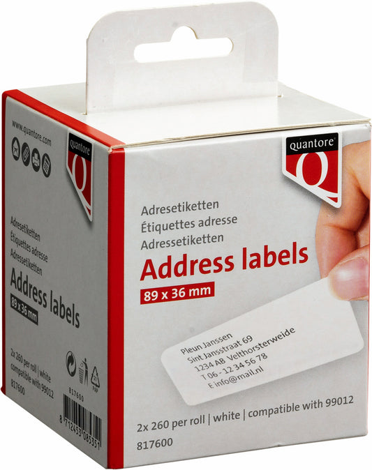 Quantore 89012 Adreslabels 36mm x 89mm, Wit, 2 Rollen