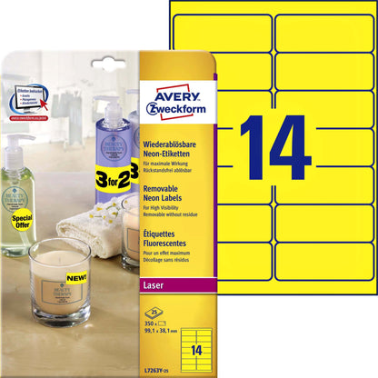 Avery L7263Y Neon Geel Etiket 99.1x38.1mm, 350 stuks - 2