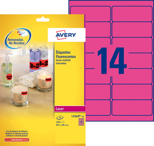 Etiket Avery L7363P-25 99.1x38.1mm roze voor markeren en markering