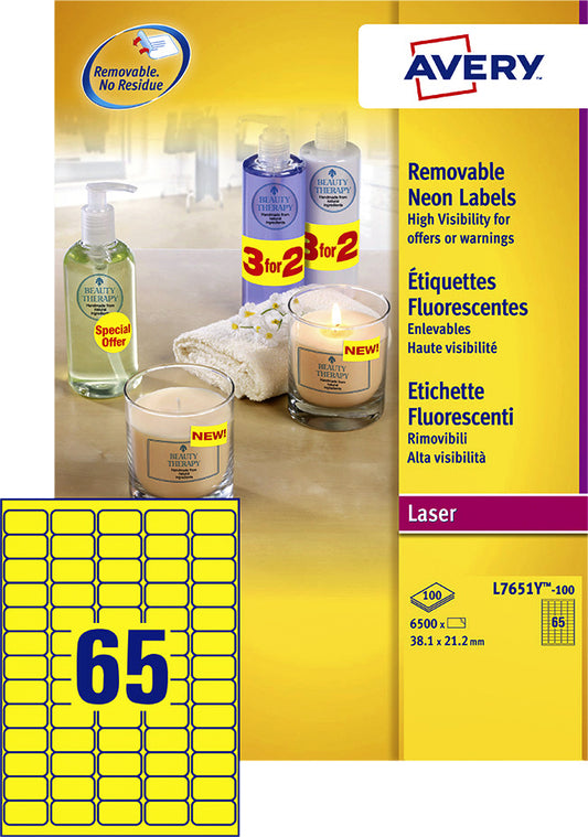 Avery L7651Y Etiketten 38,1x21,2mm Geel, 6500 stuks