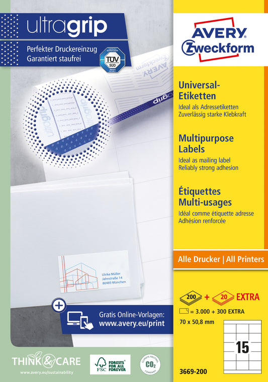 Avery Zelfklevende Etiketten 70x50.8mm Wit 3000 Stuks