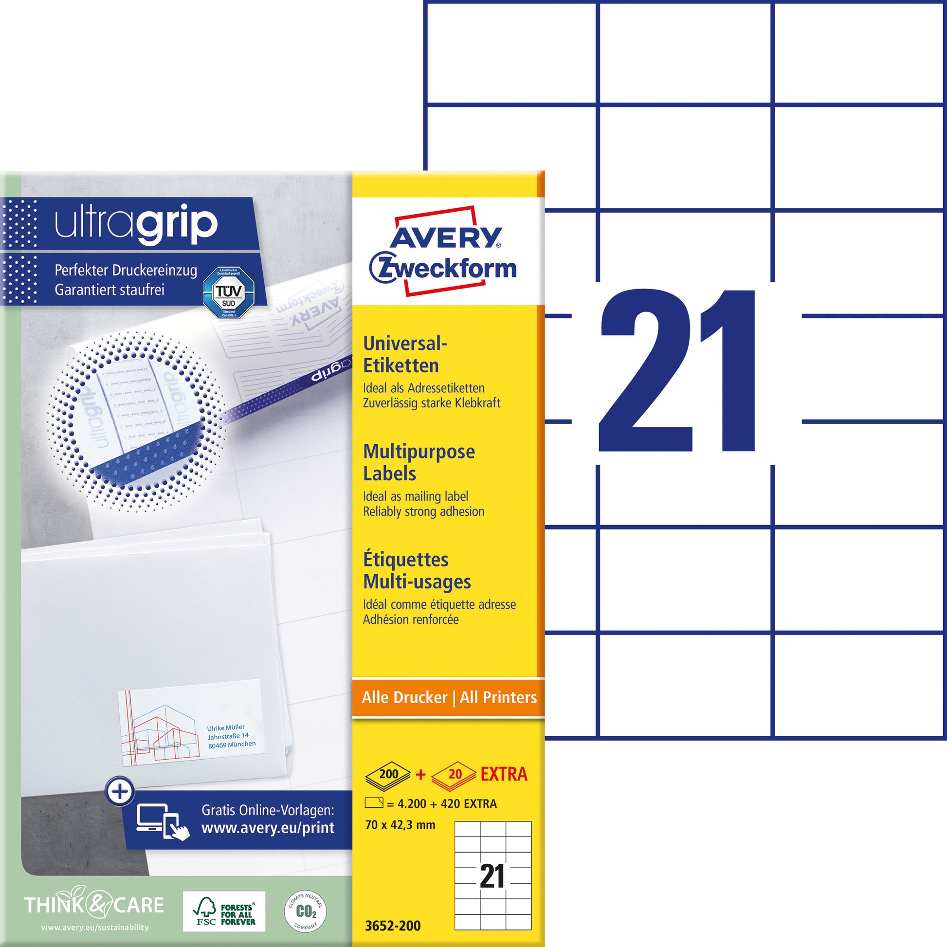 Avery Etiket 3652 70 x 42,3 mm Wit 4200 stuks - 2