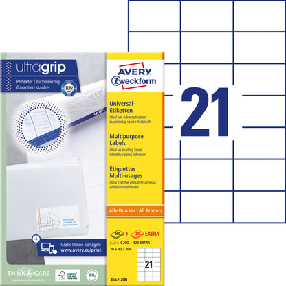 Avery Etiket 3652 70 x 42,3 mm Wit 4200 stuks - 2