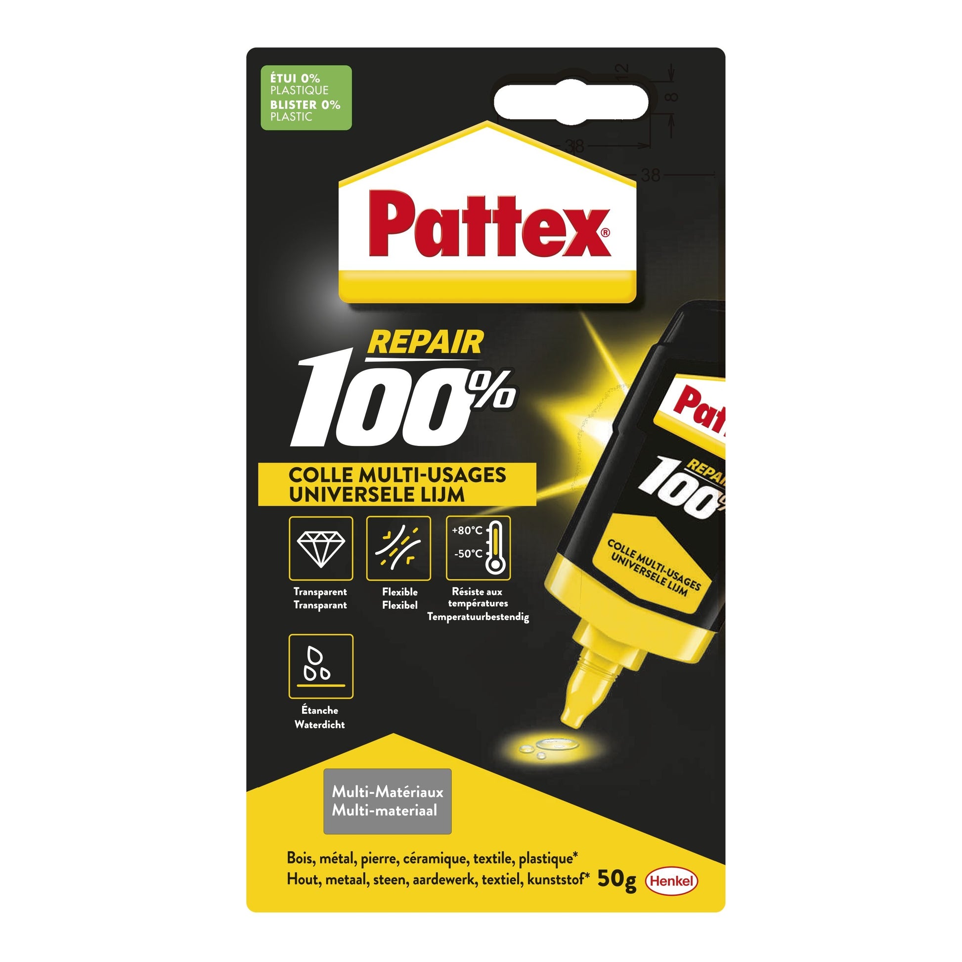 Pattex 100% lijm 50 g, sterk en flexibel voor diverse materialen