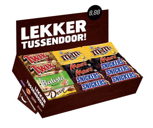 Snoepverzameldoos met Mars, Snickers, Twix, M&M’s, Balisto en Dove