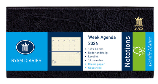 Agenda 2025 Ryam Notations Mundior, 7 dagen, 2-pagina’s, zwart, los wisselbaar alfabet