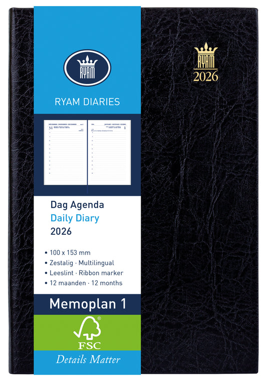 Agenda 2025 Ryam Memoplan 1 Mundior 1d/1p Zwart