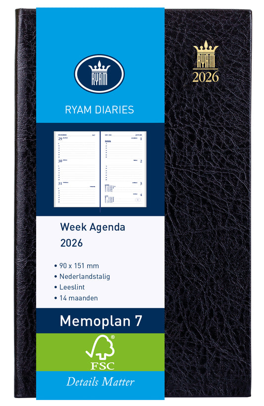Ryam Memoplan 2025 Agenda 7 Dagen/2 Pagina's met Garenbinding