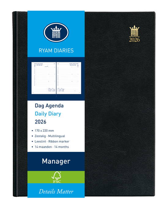 Ryam Manager Agenda 2025, 1 dag per pagina, zwart, 170x220mm