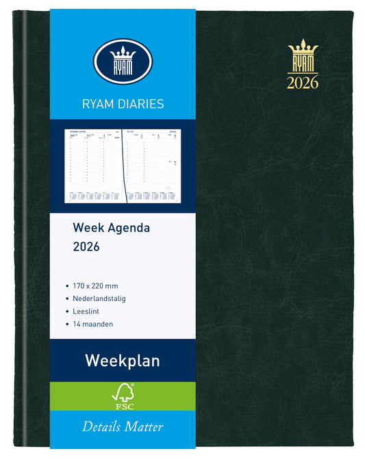 Ryam Weekplan Mundior agenda 2025, 7 dagen per pagina, zwart