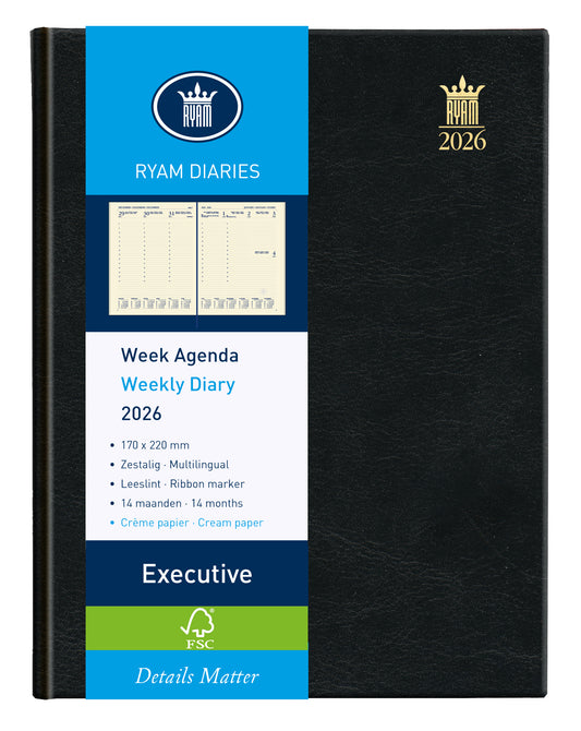 Ryam Executive Agenda 2025, 7 dagen per week, 8.00-21.00 uur, zwart