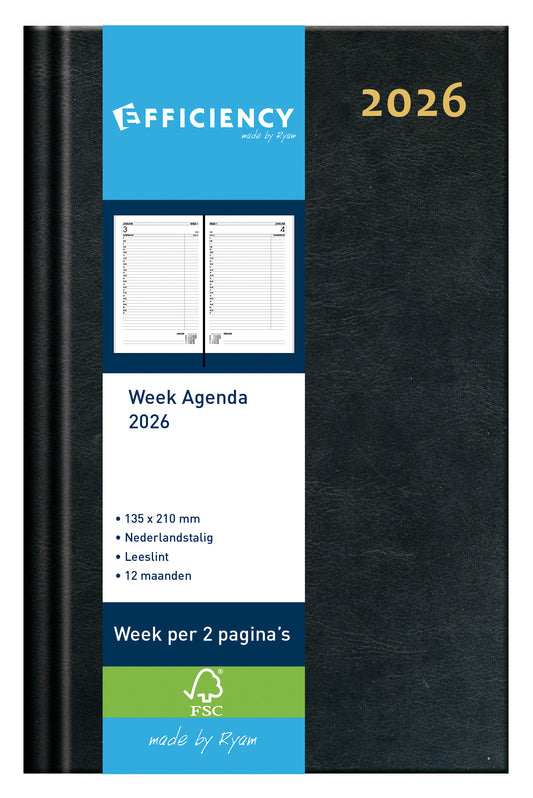 Ryam Efficiency Baladek Agenda 2025, 7 dagen per twee pagina’s, zwart