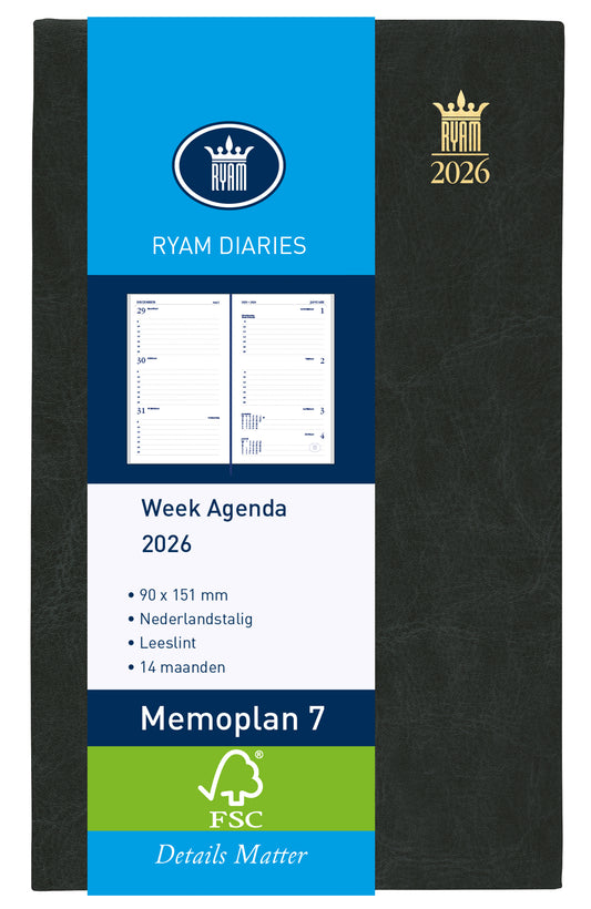 Agenda 2025 Ryam Memoplan 7 Mundior zwart, 2-uursindeling, 14 maanden