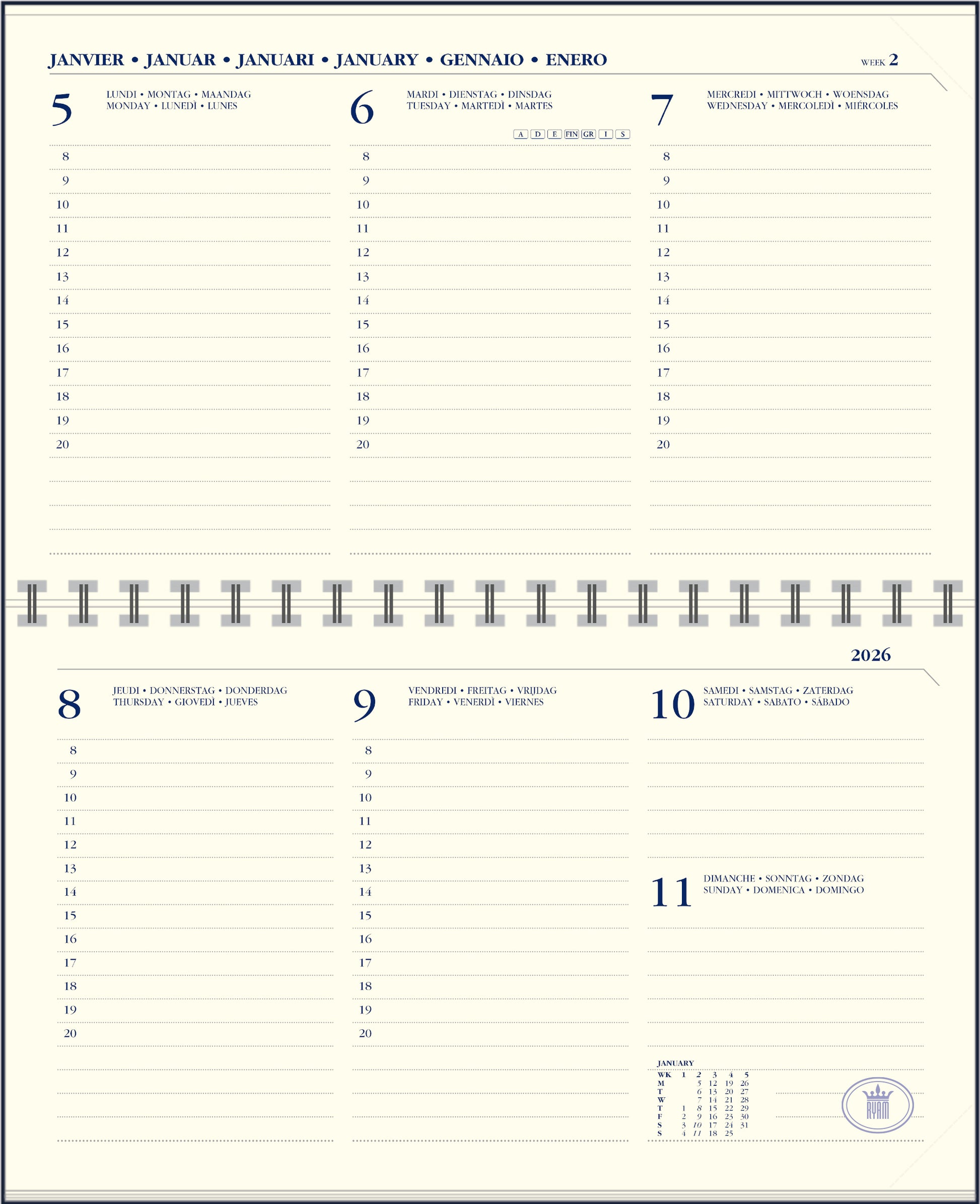Agendaboek Ryam Memoplan 7 Compact Liggend 7D/2P – 08.00-20.00 uur