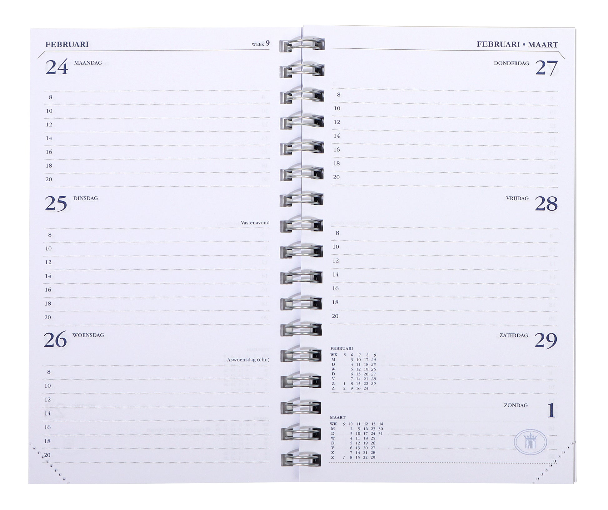 Agendavulling 2025 Ryam Memoplan 7 Dagen, 2P – 08.00-20.00 uur - 2