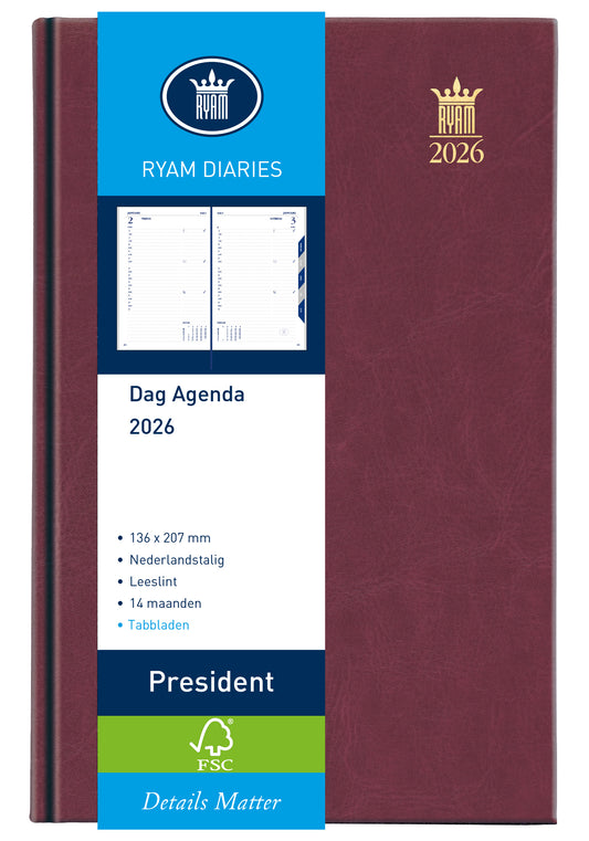 Agenda 2025 Ryam President Mundior 13,6x20,7cm bordeaux