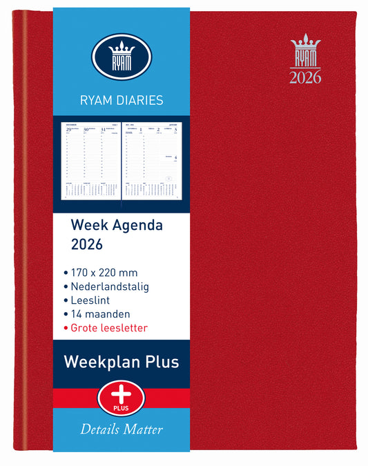 Agenda 2025 Ryam Weekplan Plus Mercury 7-dagen/2-pagina, rood