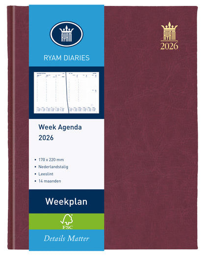 Agenda 2025 Ryam Weekplan Mundior 7-dagen/2-pagina, bordeaux