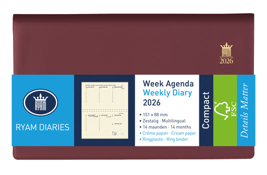 Agenda 2025 Ryam Compact Suprema, 7 dagen, 2-pagina’s, bordeaux, ringplastic