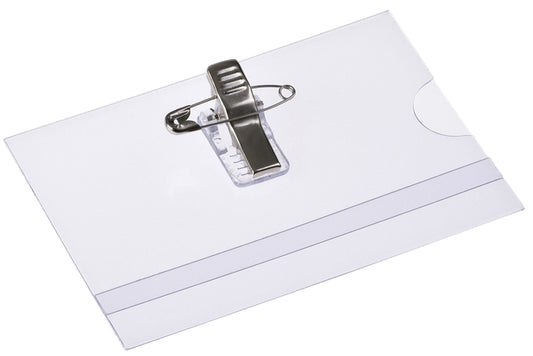 Badge Europel met clip en speld 90x60mm, transparant