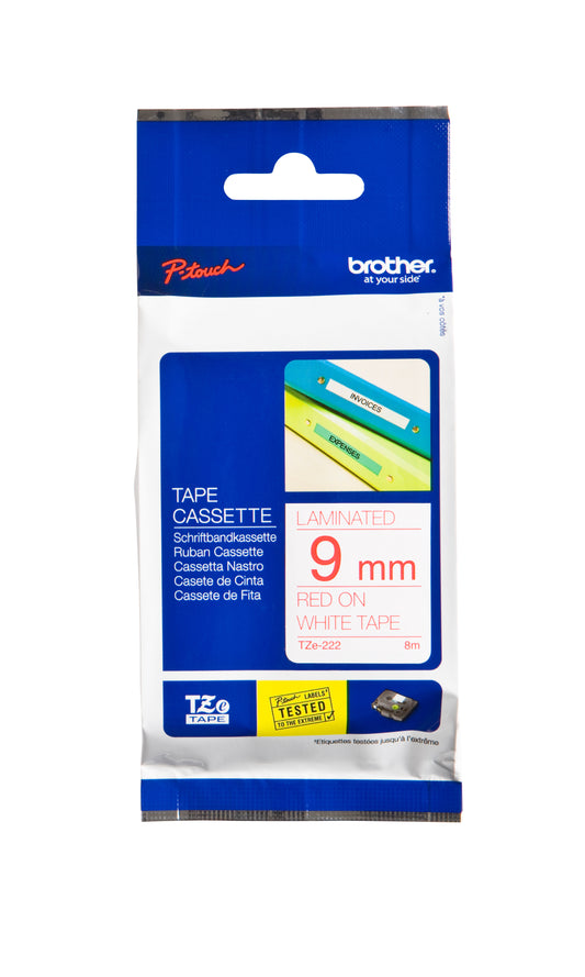 Brother TZE-222 Gelamineerde Labeltape 9mmx8m Wit/Rood