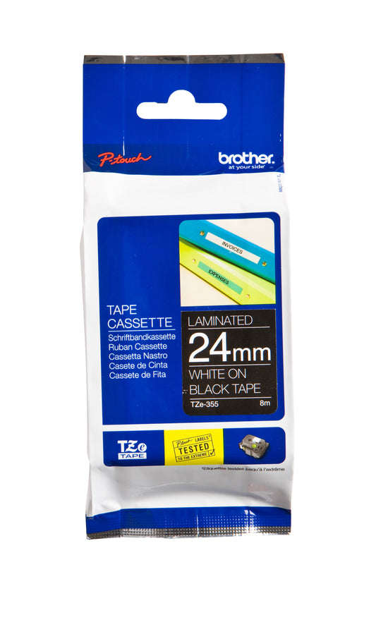 Brother TZE-355 24mmx8m Zwart/Witte gelamineerde labeltape