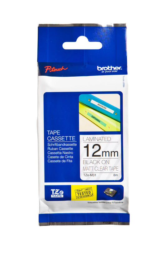 Brother TZE-M31 Gelamineerde Labeltape 12mm Transparant/Zwart