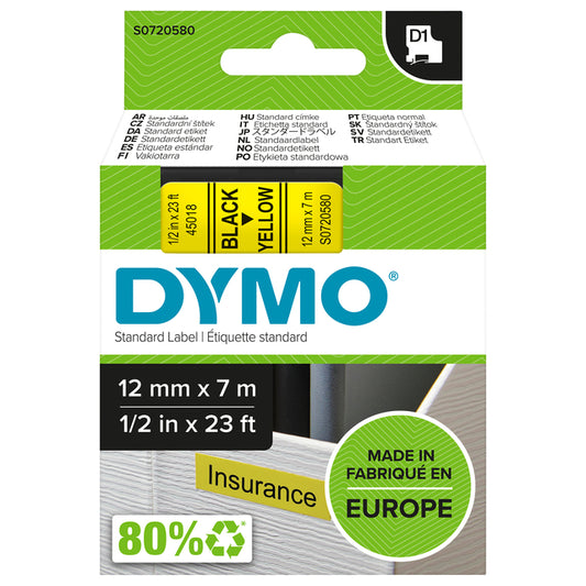 Dymo LabelManager D1 polyester labeltape 12mm geel met zwarte tekst