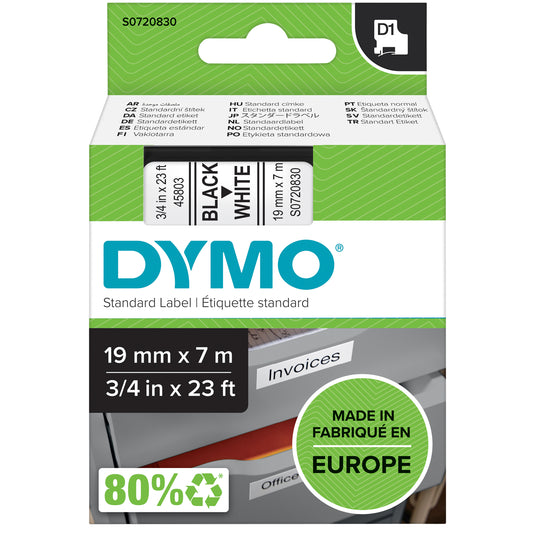 Dymo LabelManager D1 Polyester Labeltape 19mm Wit/Zwart