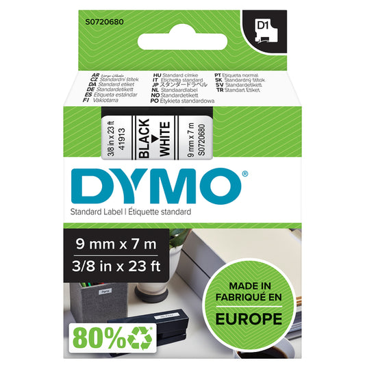 Dymo LabelManager D1 Polyester Tape 9mm, Wit/Zwart