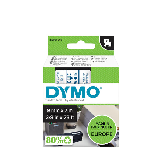 Labeltape Dymo LabelManager D1 polyester 9mm wit met blauwe opdruk