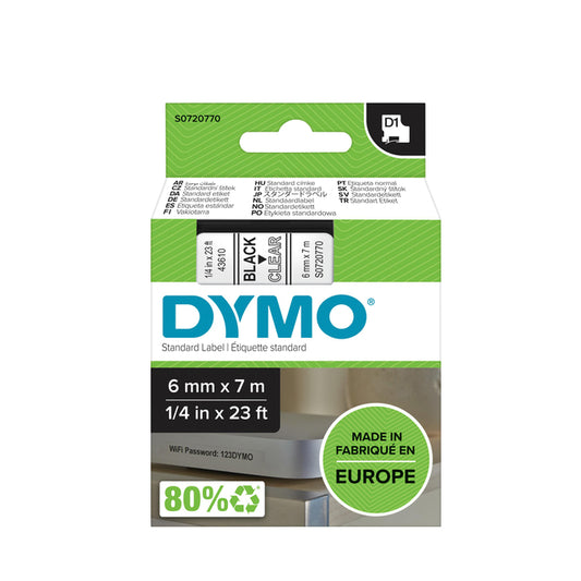 Dymo LabelManager D1 Polyester Labeltape 6mm Transparant/Zwart