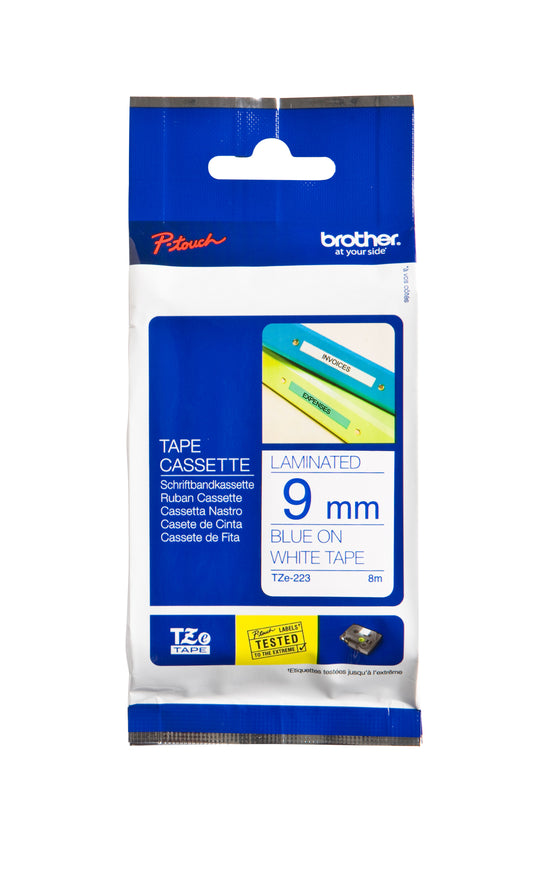 Brother TZE-223 Gelamineerde Labeltape 9mm Wit/Blauw