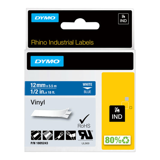 Dymo Rhino Vinyl Labeltape 12mmx5,5m Blauw/Wit
